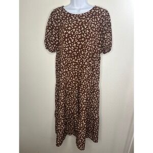 Solution Brown Floral Midi Dress Women's Medium Puff Sleeve‎ Casual Tiered